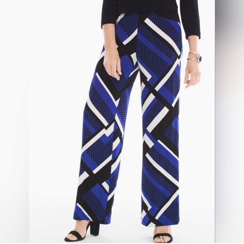 Women's Chicos Geometric Blue and Black Pants Sz 2 NWT